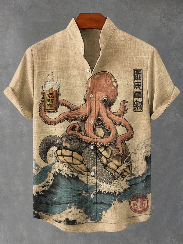 Men's The Octopus Riding A Turtle And Drinking Beer Print Short Sleeve Shirt