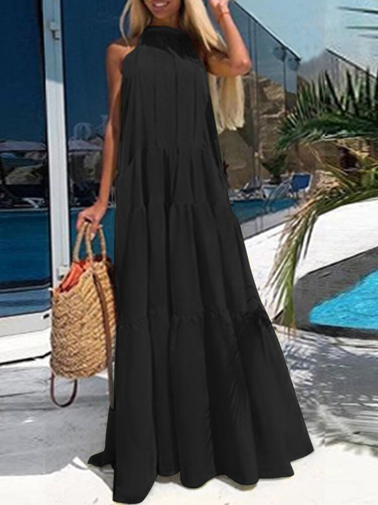 Solid Color Sleeveless O-neck Casual Dress For Women