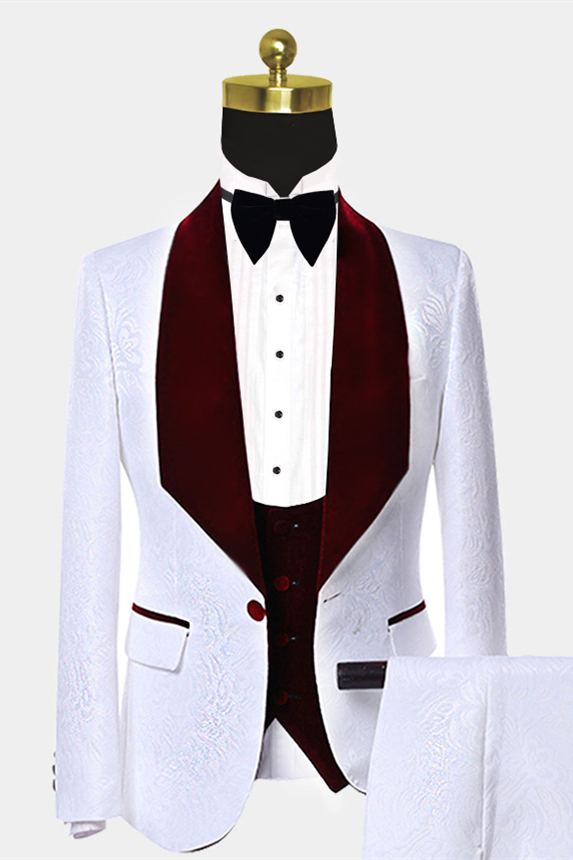 Bellasprom Glamor Burgundy Velvet Prom Suit For Guys Lapel With White Jacquard Bellasprom