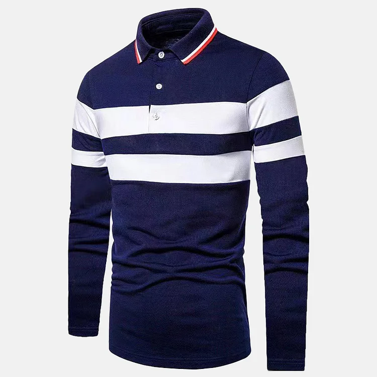 Men's Casual Turndown Collar Striped Colorblock Long Sleeve Polo Shirts