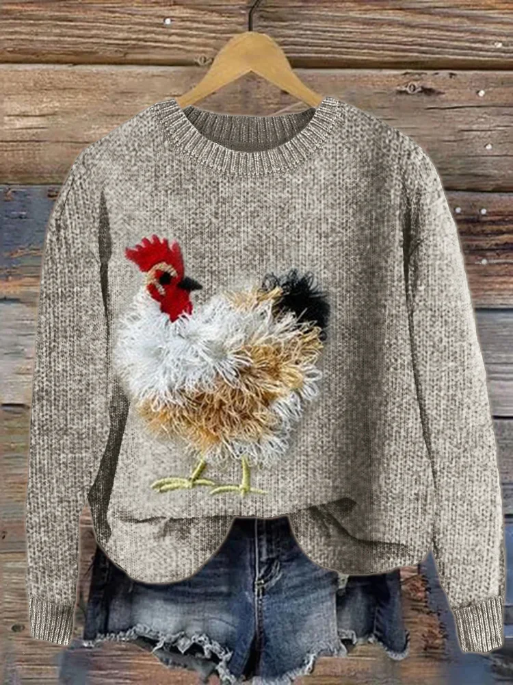 Fuzzy Chicken Embroidery Cozy Knit Sweater