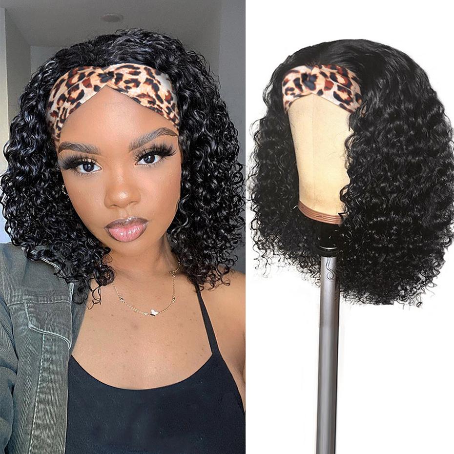 Natural Black Curly Headband Bob Wig