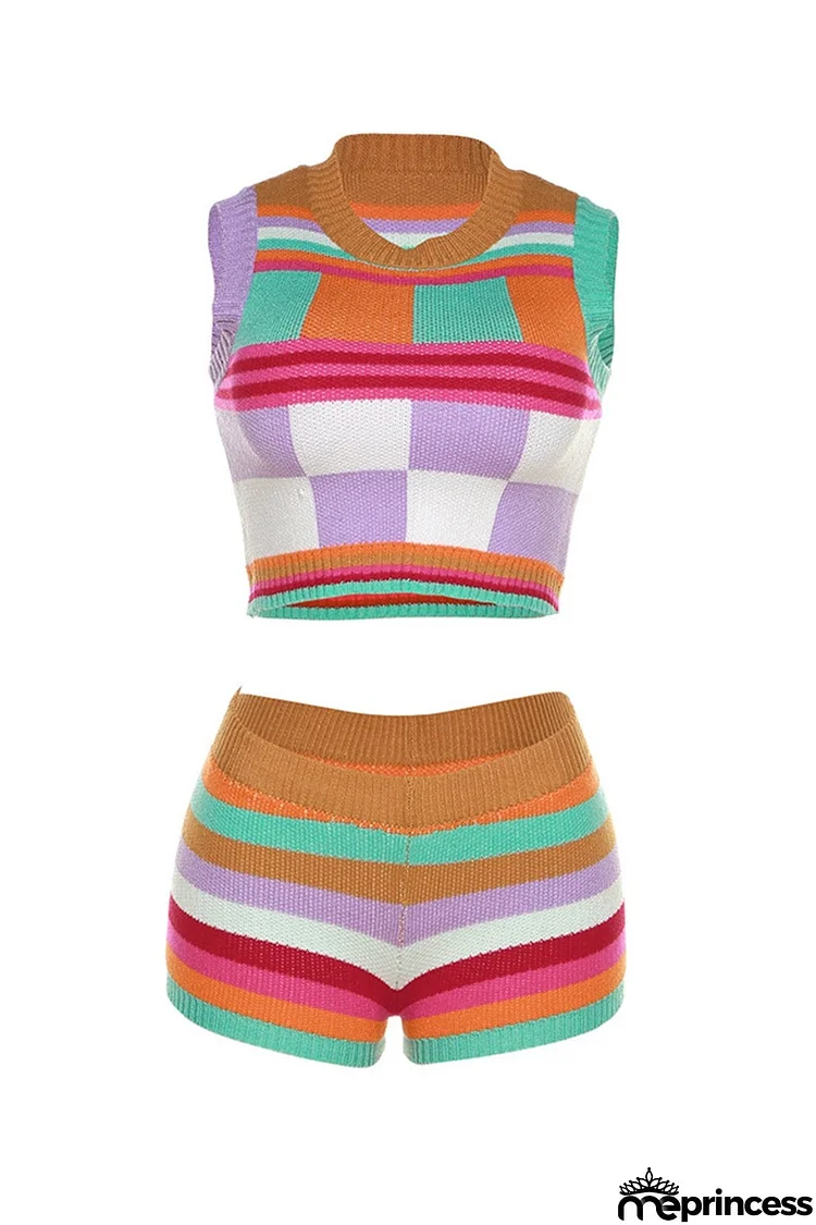 Contrast Knit Tank Top Two-Piece Shorts Set