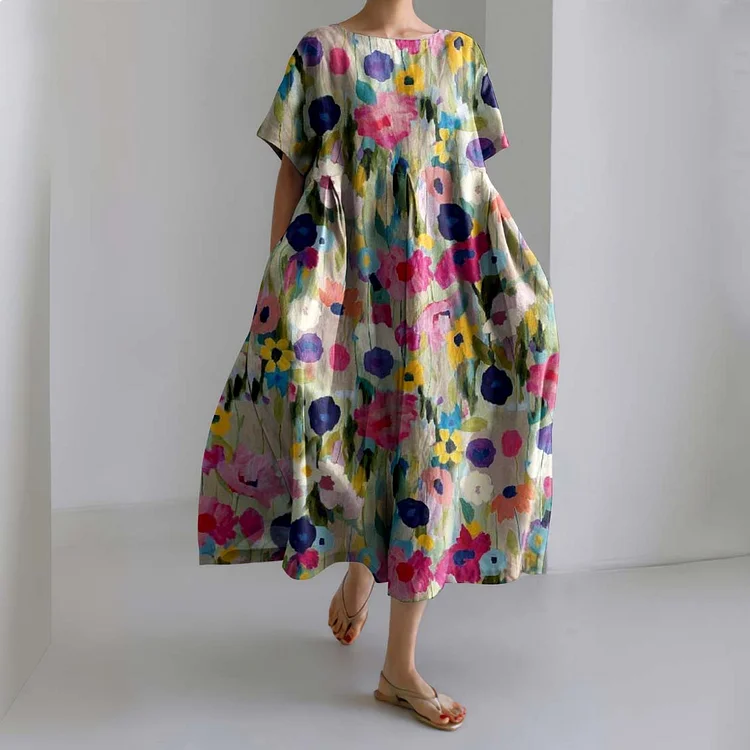 Comstylish Women‘s Floral Art Crew Neck Linen Blend Maxi Dress