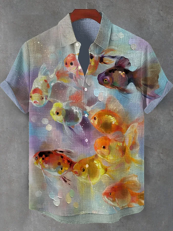 Men's Cute Goldfish Oil Painting Print Short Sleeve Shirt