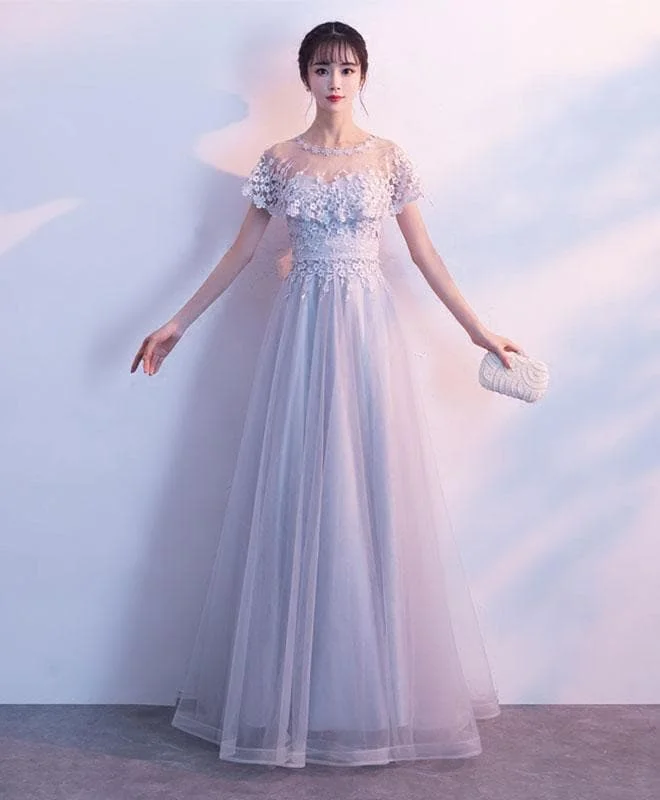Unique Gray Tulle Long Prom Dress, Lace Evening Dress