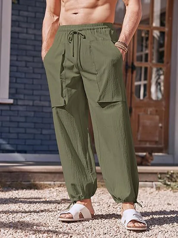 Men's Casual Slant Pocket Elastic Waist Drawstring Cotton Linen Loose Pants