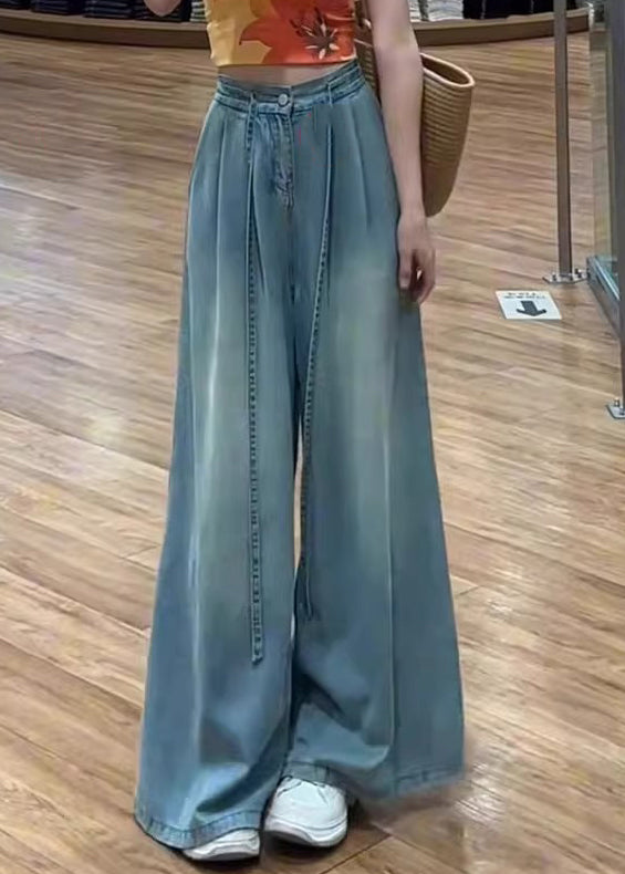Modern Blue Pockets Elastic Waist Denim Wide Leg Pants Summer main image 0