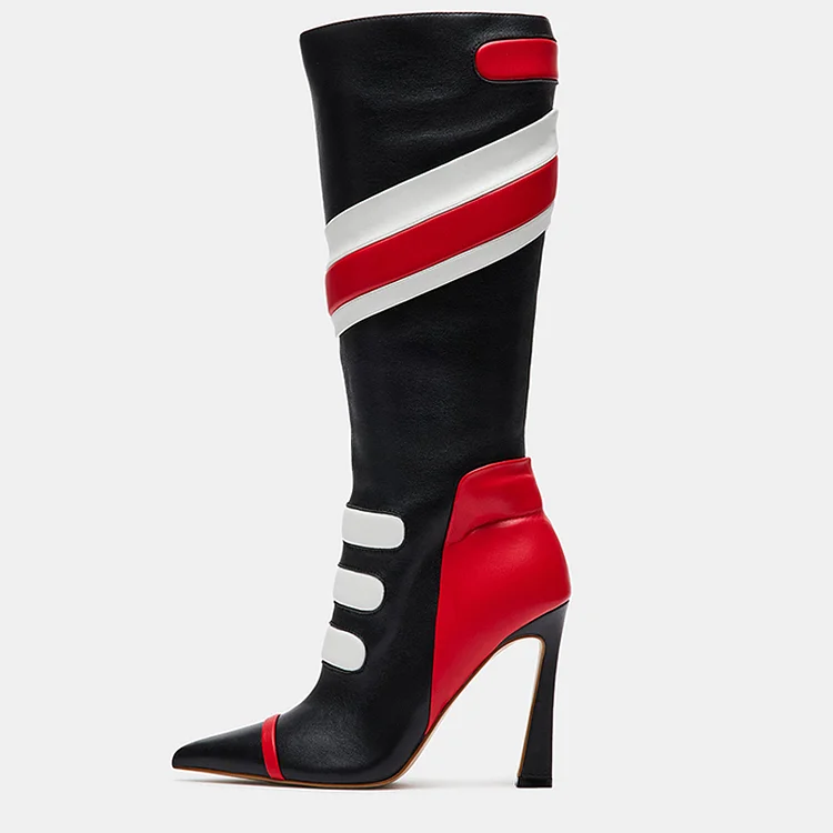 Fashion Multicolor Pointed Toe Stiletto Heel Stripe Mid-Calf Boots |FSJ Shoes