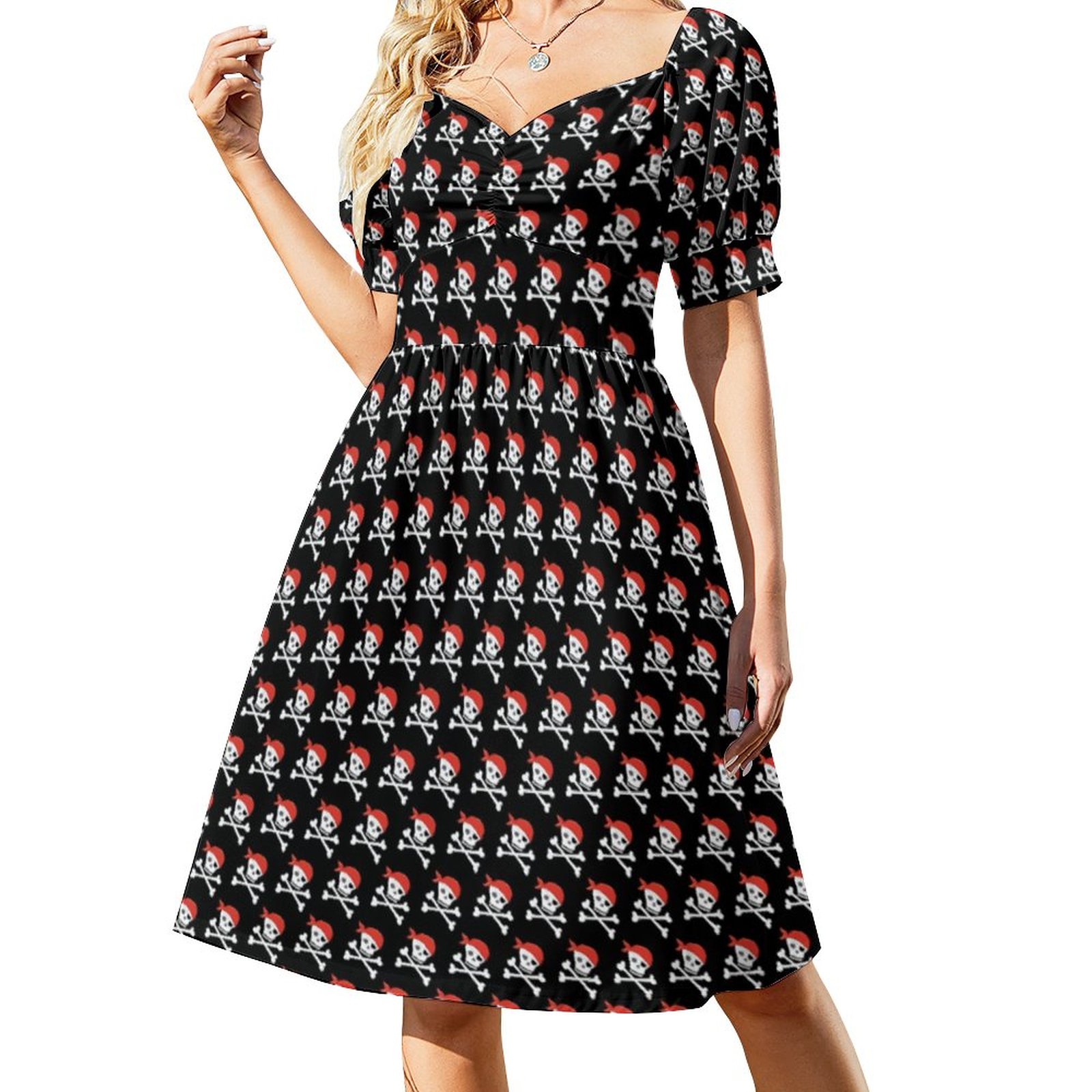 Fun Skull and Crossbones Pattern Pirate Dress Women Boho High Waist Flared Puff Sleeve Cute Sweetheart Midi Dress Skull-S