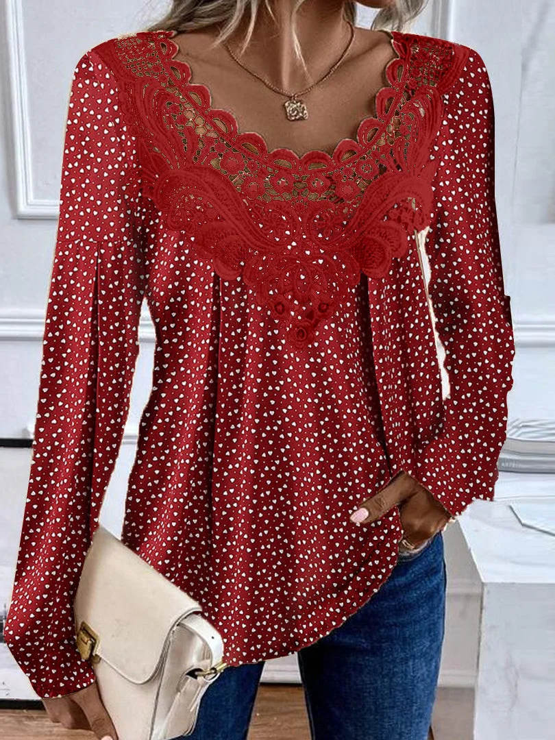 Women's Long Sleeve Scoop Neck Graphic Lace Polka Dot Top