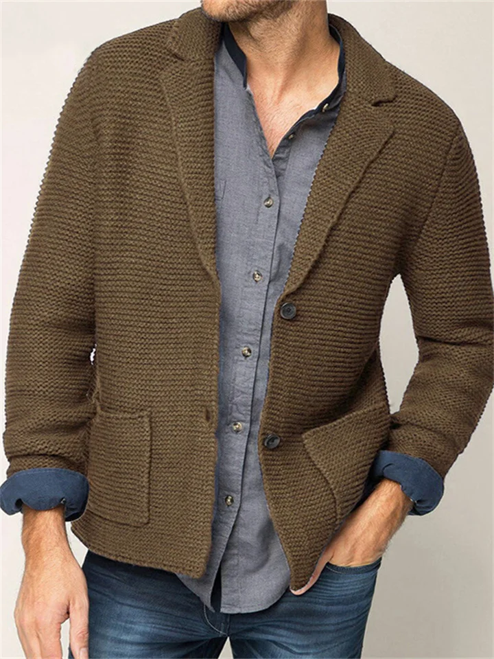 Men's Lapel Solid Color Knitted Cardigan Sweater