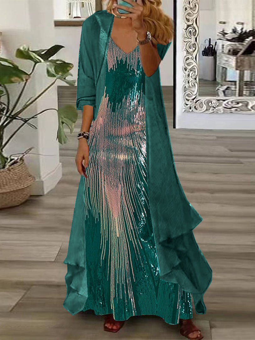 Women's Long Sleeve V-neck Graphic Printed Two Pieces Maxi Dress