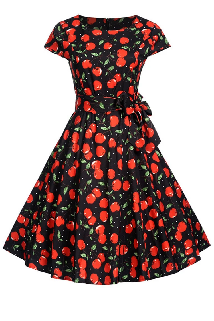 1950s Black Casual Cherry Print Bow Cap Sleeve Swing Midi Dress