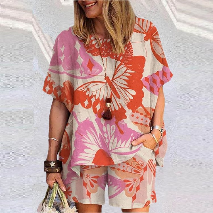 Casual Butterfly Print Short Sleeve Two-Piece Set