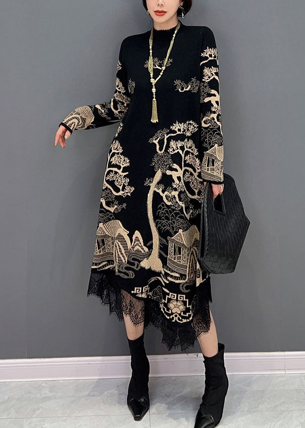 Fine Black Stand Collar Asymmetrical Lace Patchwork Print Cotton Dress ...