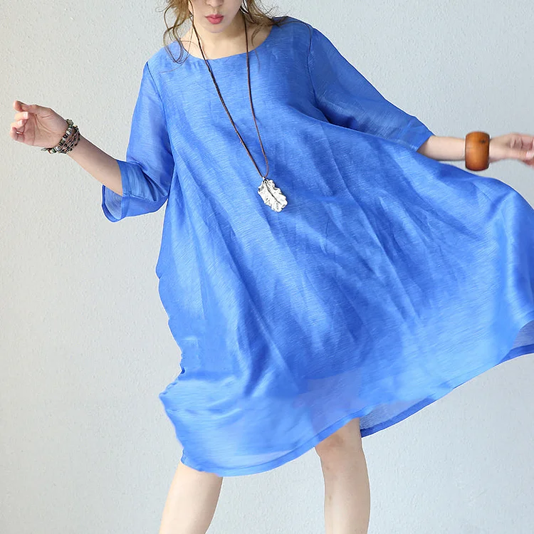stylish blue natural silk dress Loose fitting silk clothing dress 2018 o neck half sleeve cotton clothing