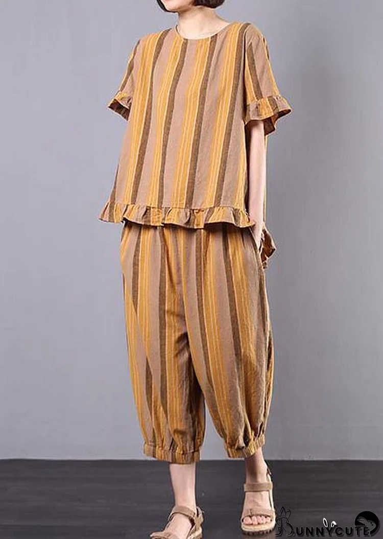 vintage cotton linen yellow striped ruffles short sleeve blouse with women harem pants
