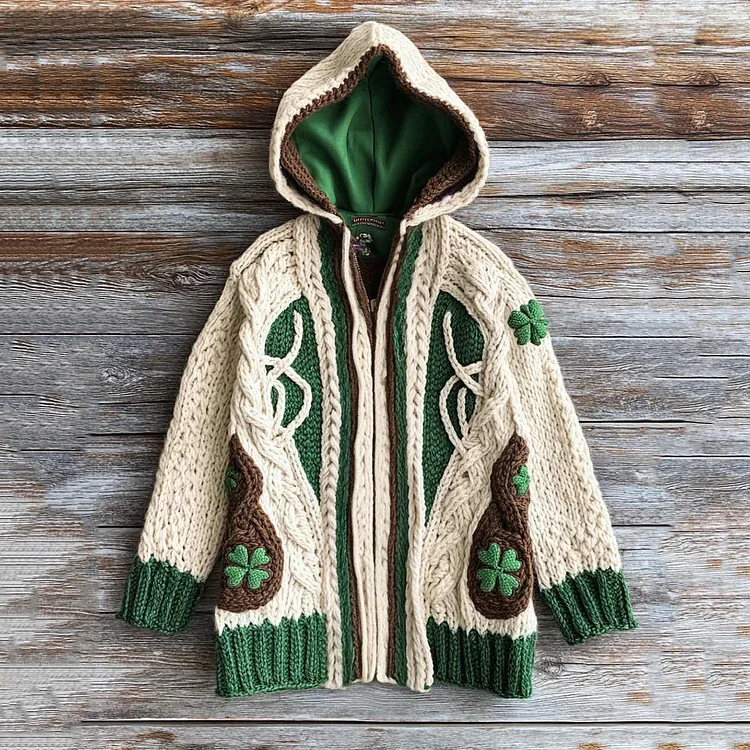 Women's Vintage Knit Four Leaf Clover Jacquard Hoodie Cardigan