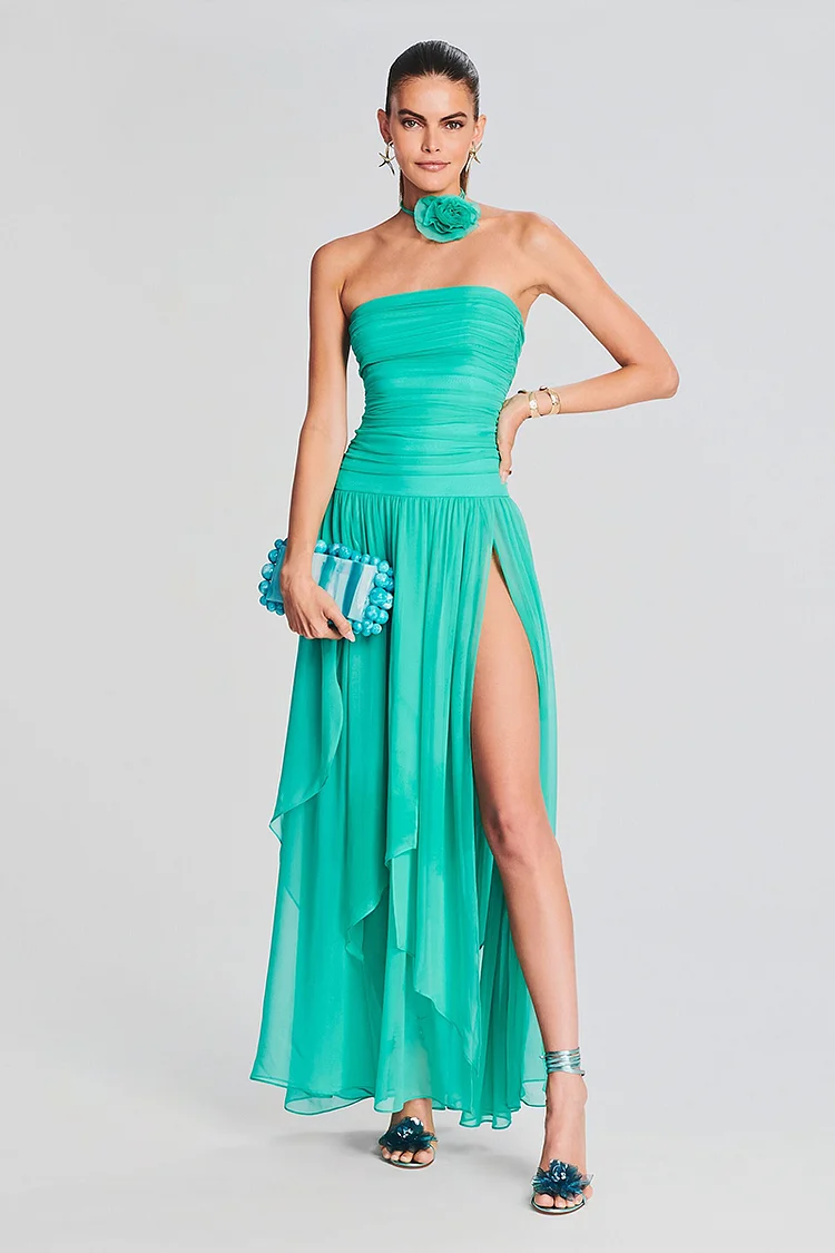 Strapless Boat Neck Ruched Pleated High Slit Tulle Formal Party Maxi Dresses