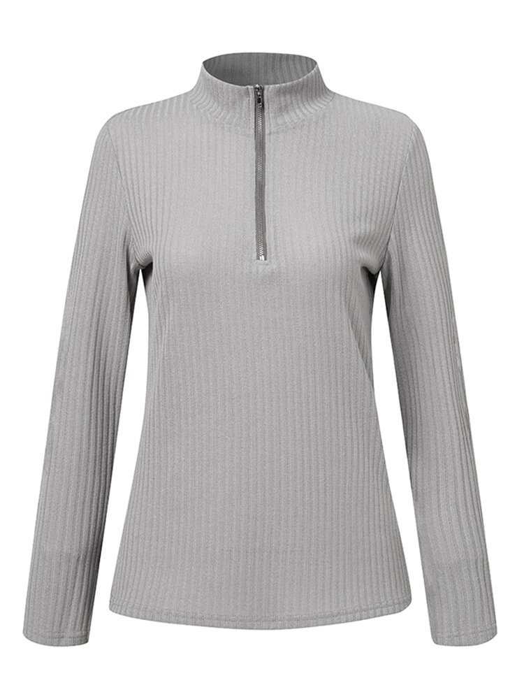 Solid Color Zip Front High Neck Casual Blouse For Women P1790848