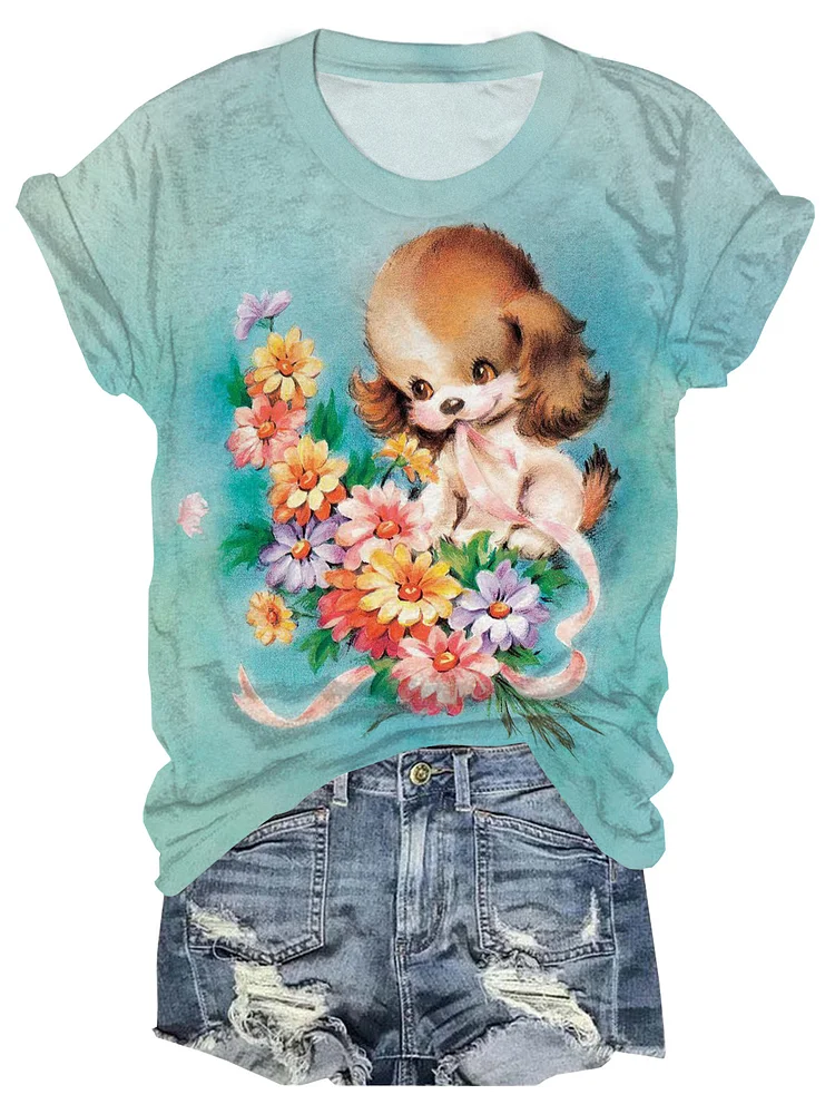 Vintage Posy Puppy Crew Neck T-shirt