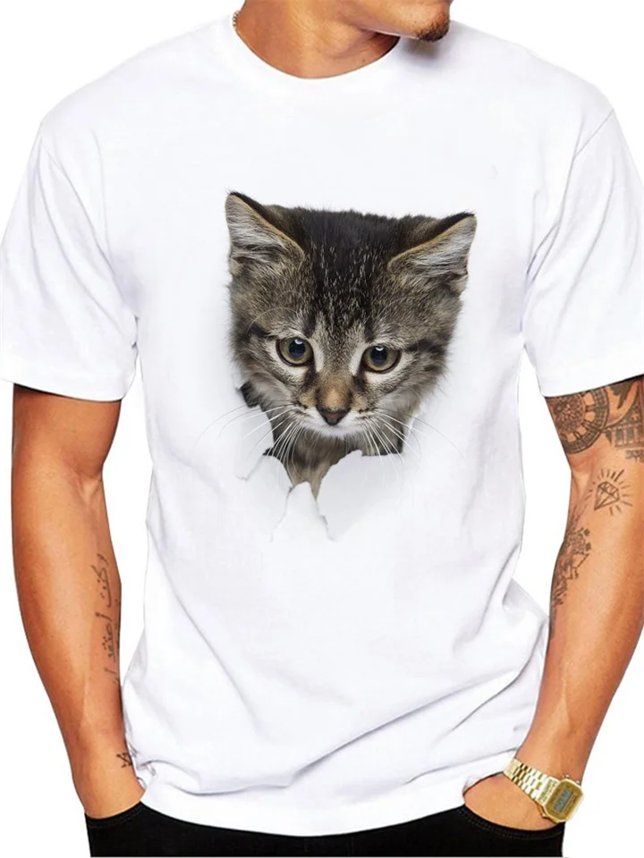 3D Cat Design Printing Men's T-shirt White Short-sleeved