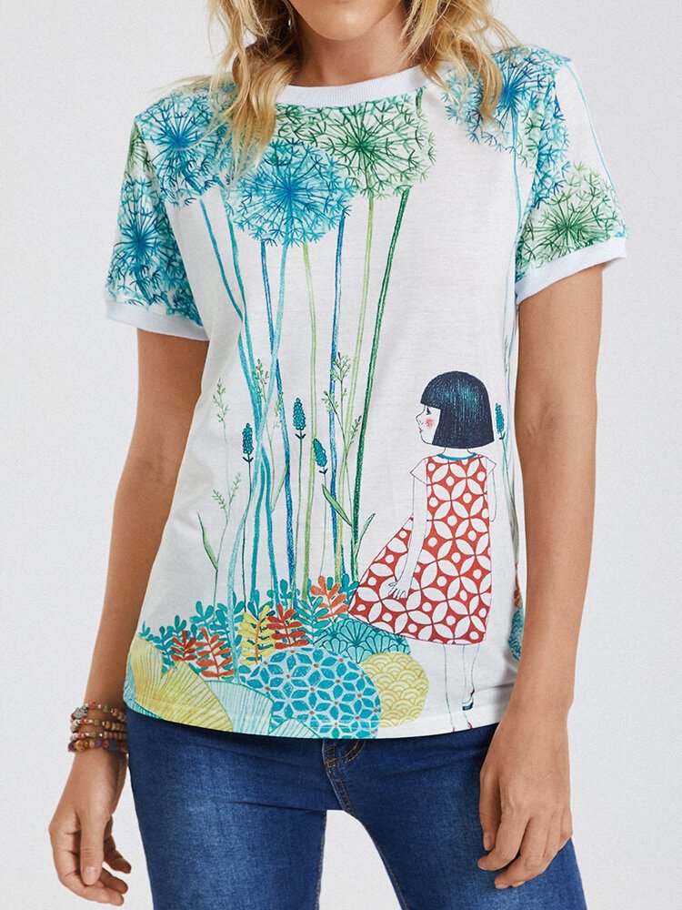 Women Cartoon Landscape Prints O neck Short Sleeve Casual T Shirt P1838070
