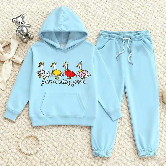【2Y-13Y】Duck Print Hoodie And Jogger Set For Kids - "Just A Silly Goose" Design