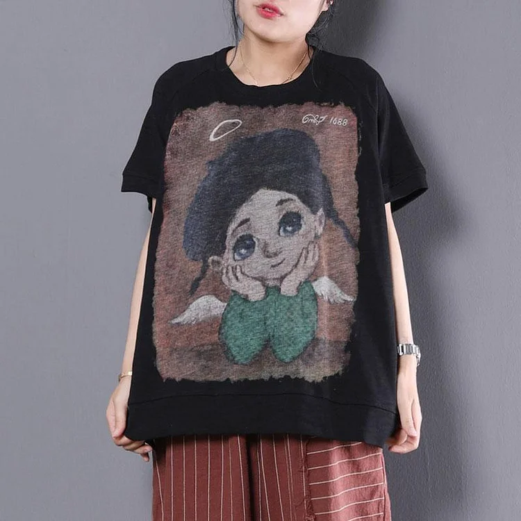 vintage pure cotton tops oversized Loose Cartoon Printed Short Sleeve Black T-shirt