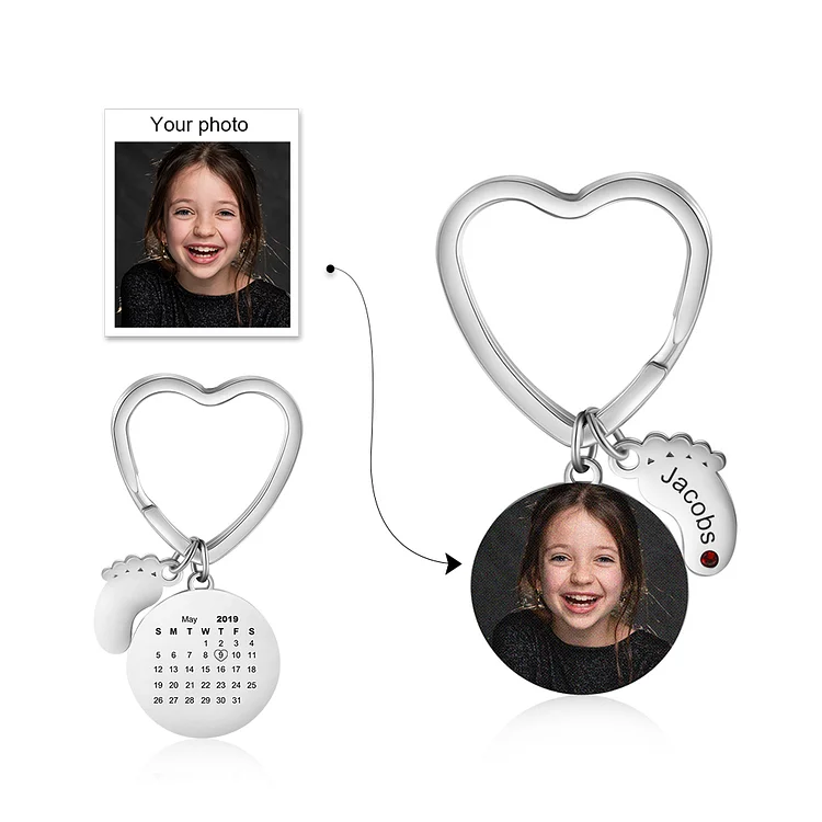 Personalized Photo Heart Keychain with Calendar Engraved Name