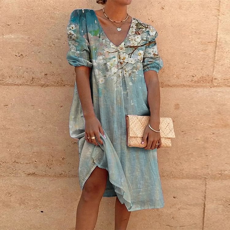 Fashion Print Puff Sleeve Midi Dress