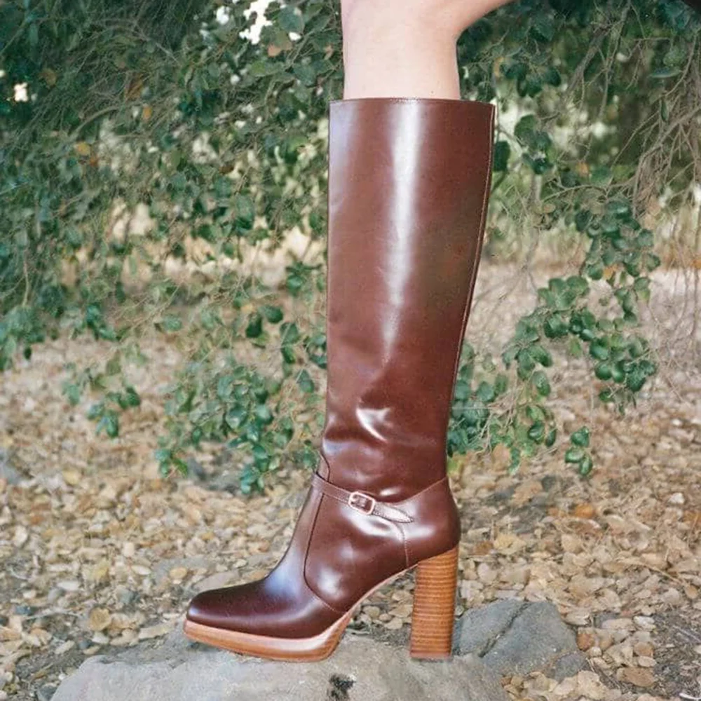 Brown Square Toe Block Heel Knee High Boots with Ankle Buckle Nicepairs