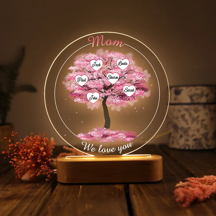 6 Names - Personalized Acrylic Night Light Custom 2 Texts Pink Family Tree LED Lamp Gifts for Mother/Grandma