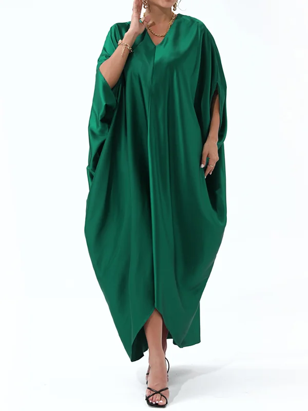 Solid Color Batwing Sleeves Half Sleeves V-Neck Maxi Dresses