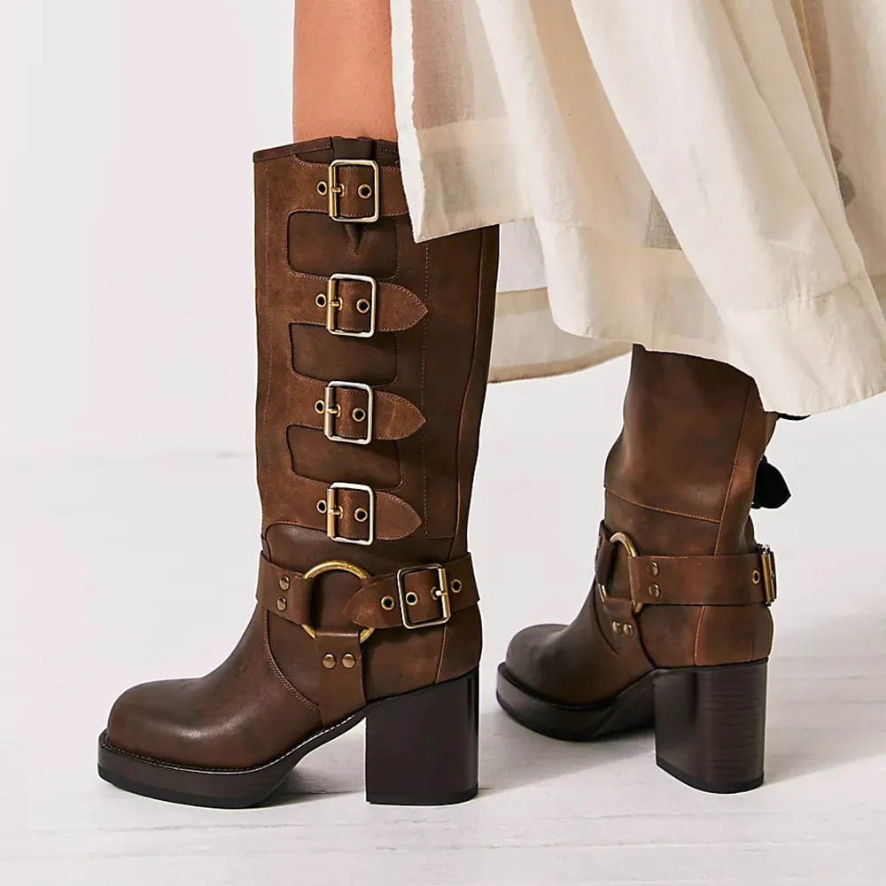 Brown Vegan Leather Closed Toe Platform Mid Calf Boots With Chunky Heels Nicepairs