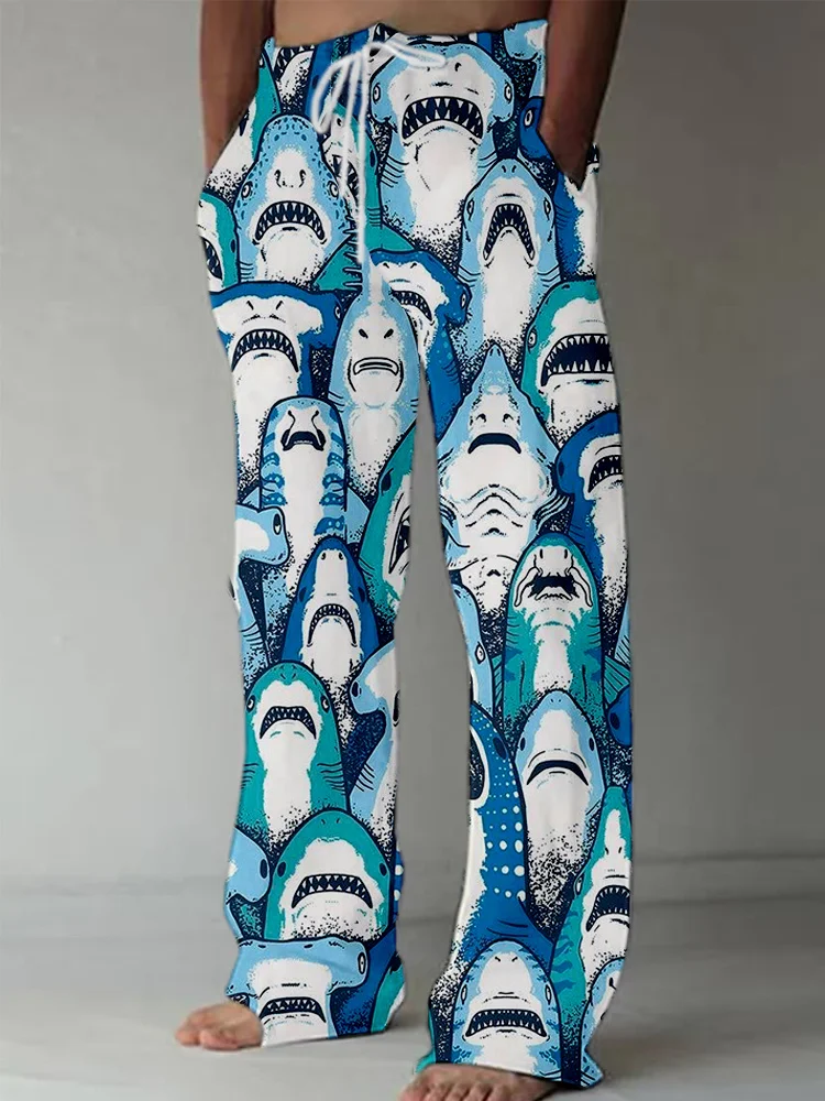 Comstylish Crowded Sharks Pattern Linen Blend Casual Pants