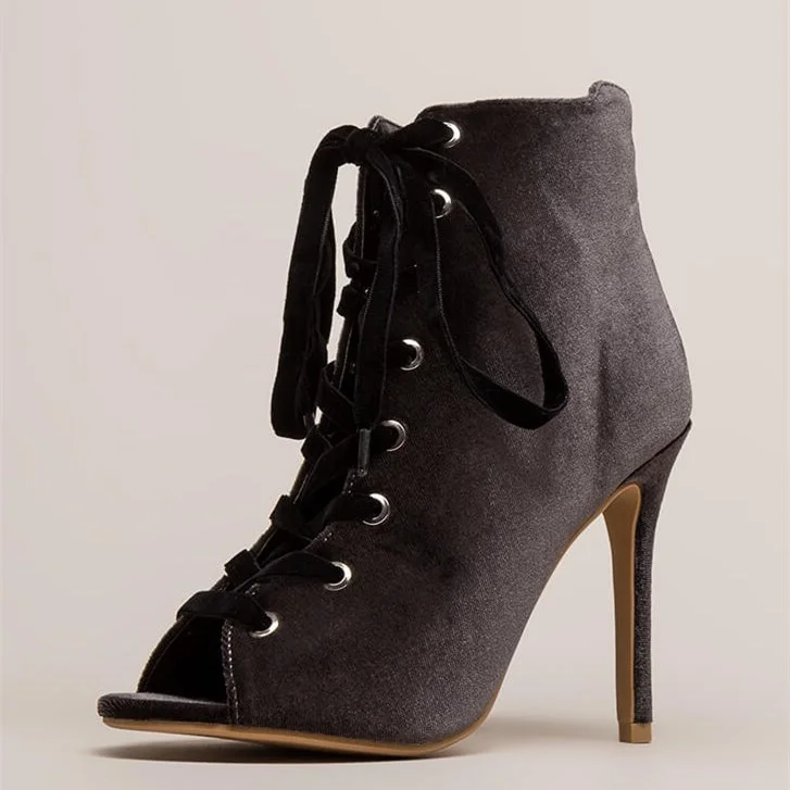 Black Suede Open Toe Lace-Up High Heel Boots Vdcoo