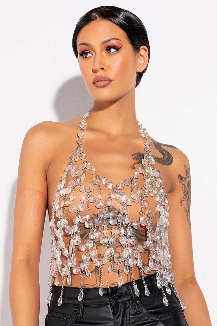 Hollow Pendant Imitation Crystal Tank Top-Silver