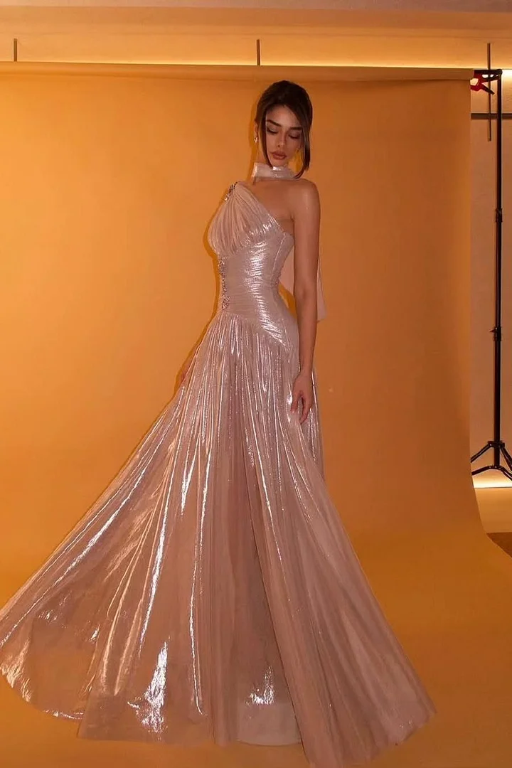 Lussooy Charming One Shoulder Beaded Sleeveless Evening Dress with Scarf