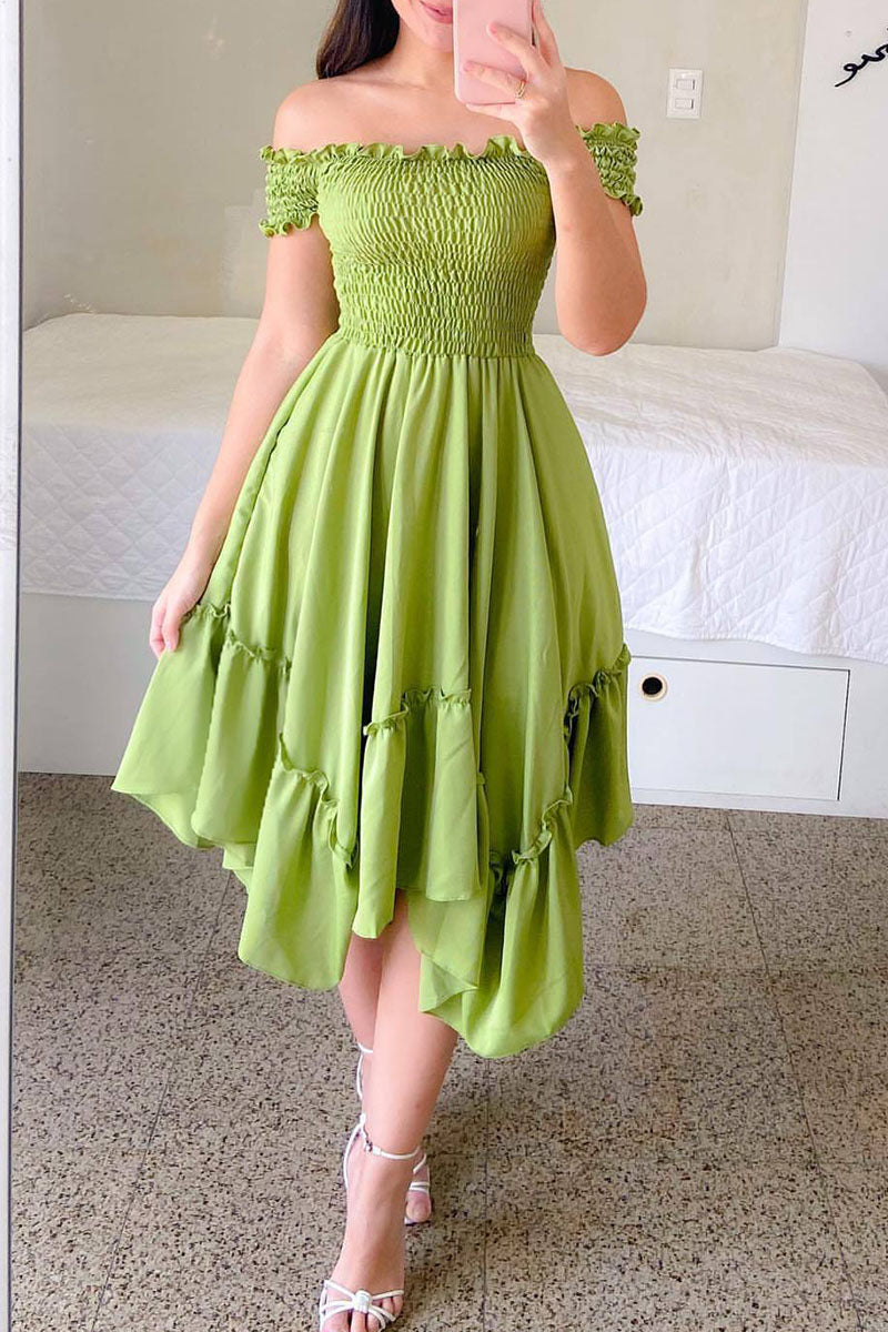 Casual Solid Split Joint Flounce V Neck Dresses
