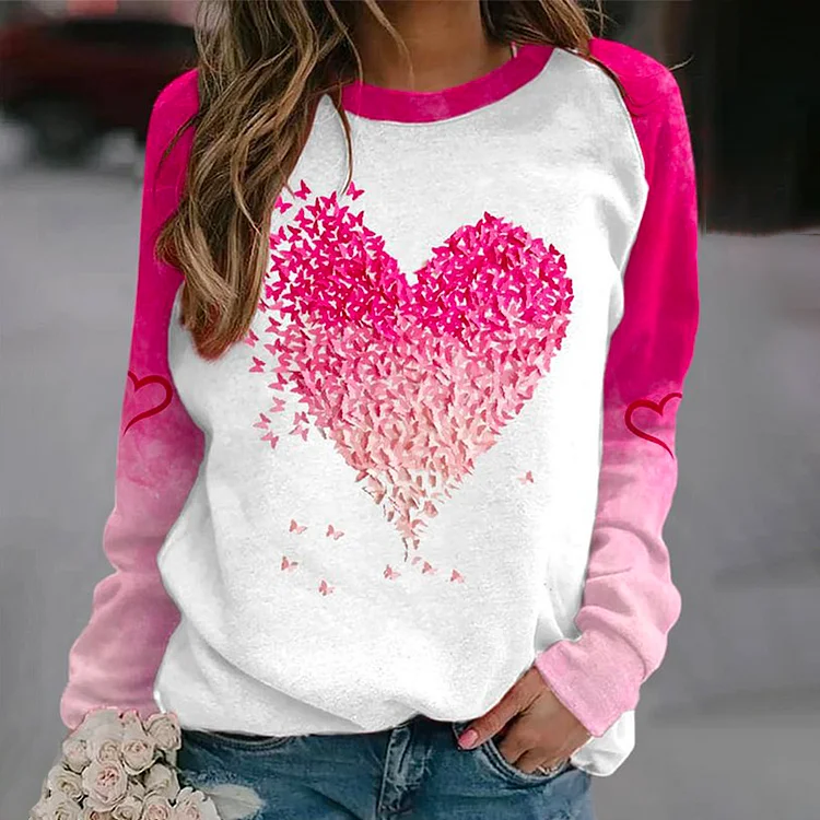 Gradient Love Print Round Neck Long Sleeve Sweatshirt
