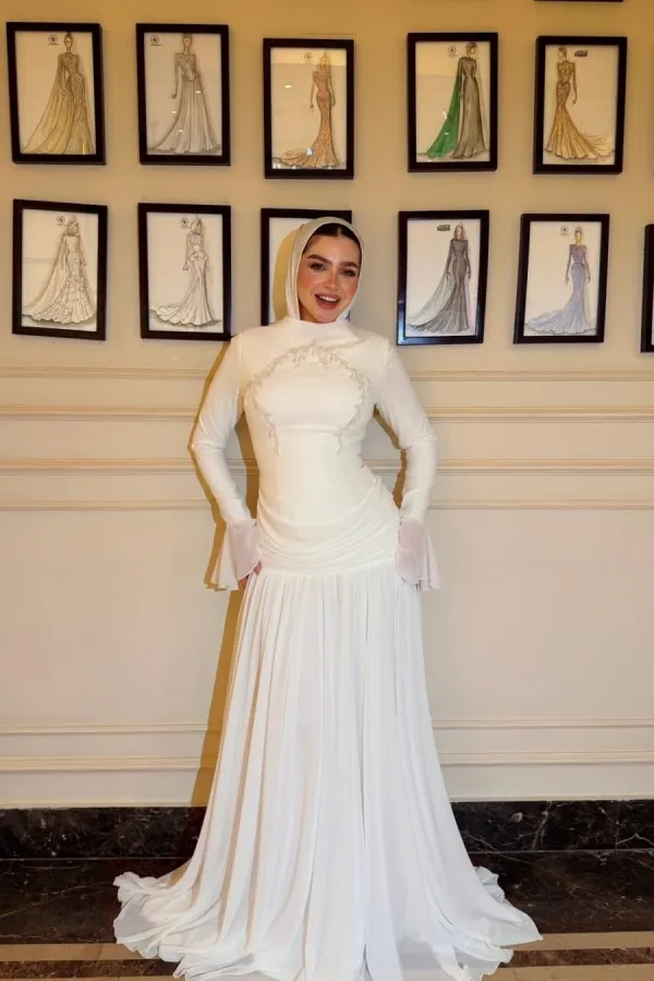 Lussooy Stunning White Chiffon Beaded Pleated Long Sleeves Floor Length Prom Dress