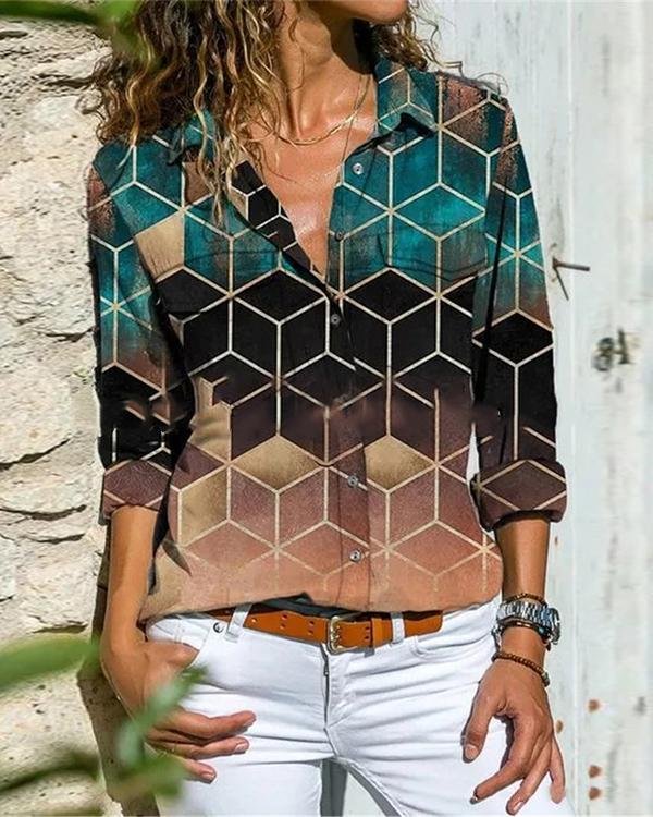 Geometric Lapel Long Sleeve Button Up Blouses