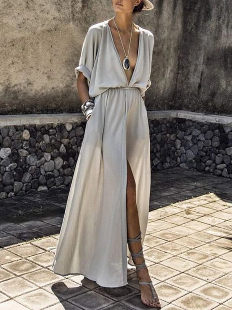 V-Neck Elastic Waist Plain Maxi Dress P16229