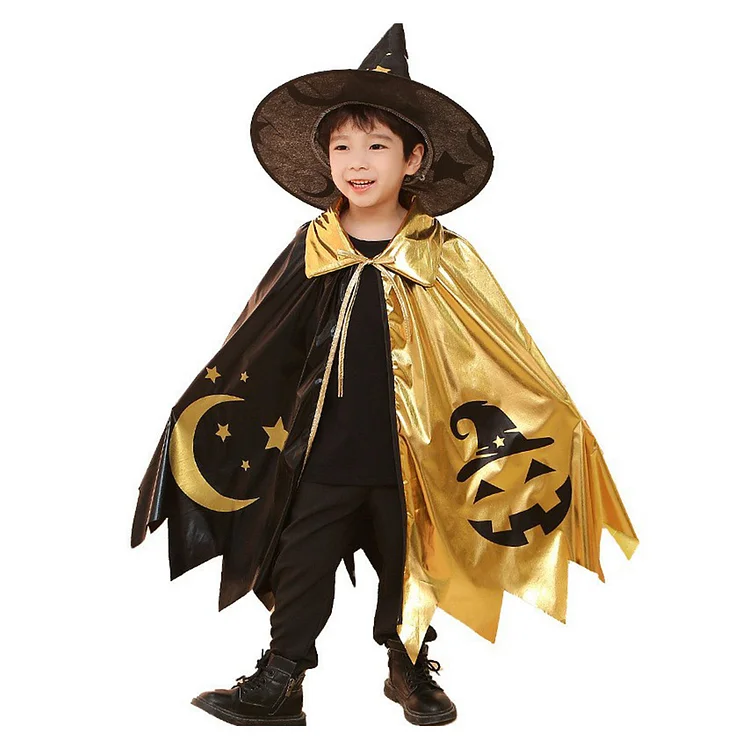 Kids Children Wizard Black Yellow Cloak Hat Outfits Costume Stage Performance Halloween