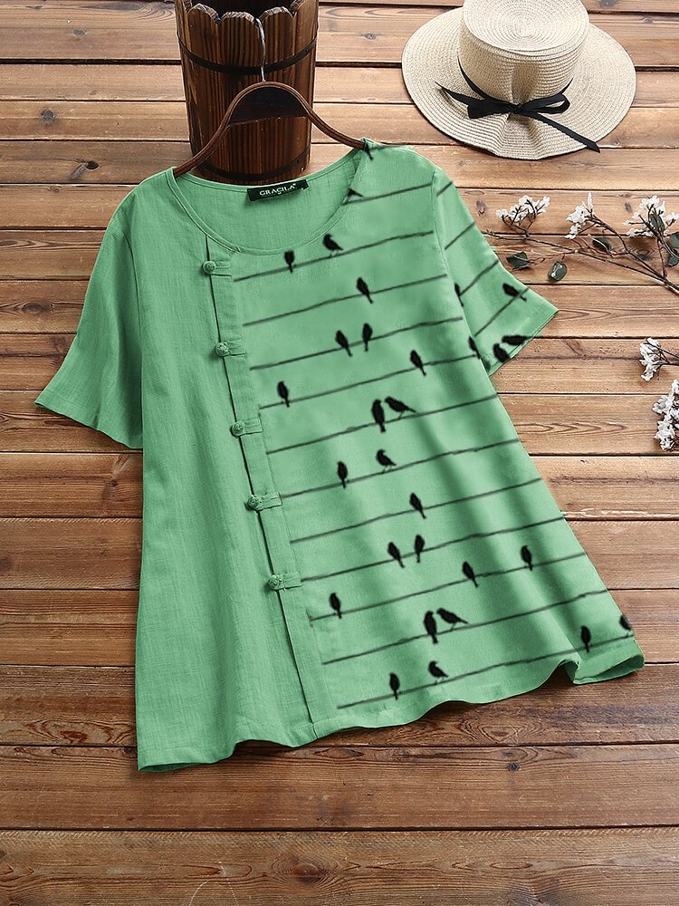 Frog Button Birds Print Patchwork Short Sleeve T shirt P1667069