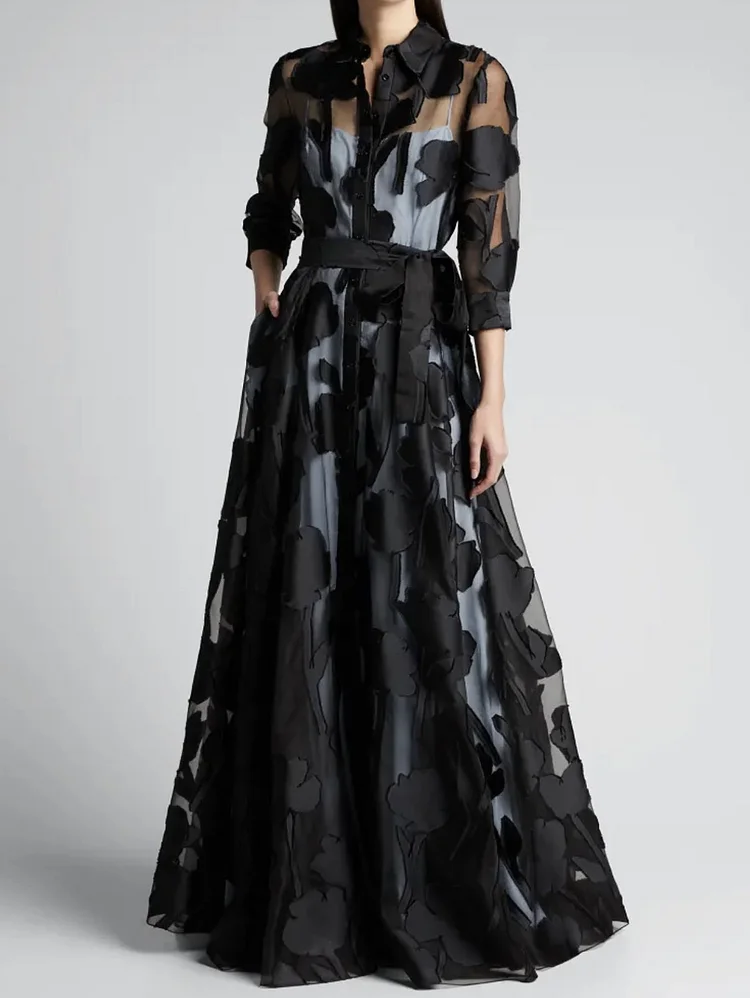 Elegant Three-Quarter Sleeve Knotted Waist Jacquard Mesh Maxi Dress
