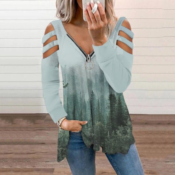 VChics Western Forest Print Cutout Shoulder Zip T-Shirt