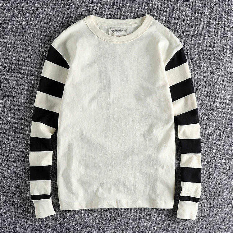 TIMSMEN Vintage Cotton Striped Patchwork Long-Sleeved T-Shirt